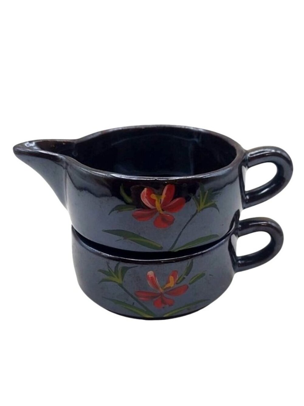Redware Creamer Sugar Set Stackable Hand Painted Red Floral Japan Vintage Rustic
